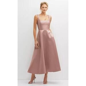 Dessy Collection Women Nude Satin Square Neck Full Skirt Midi Dress Size 16R